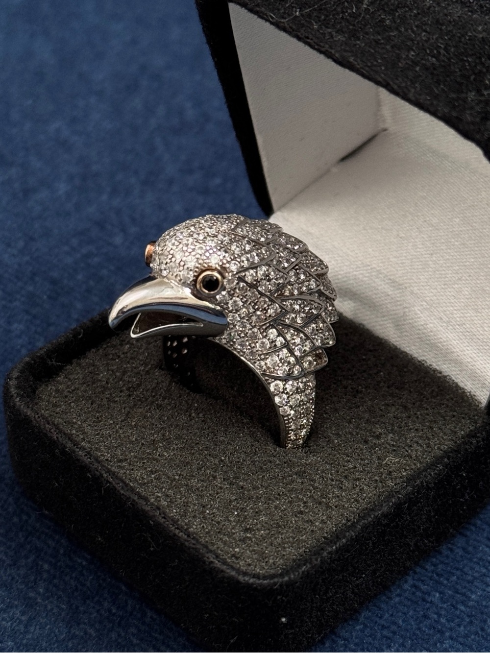 Eagle Head 925 Sterling Silver and 14k eye Ring  size 7.5‎